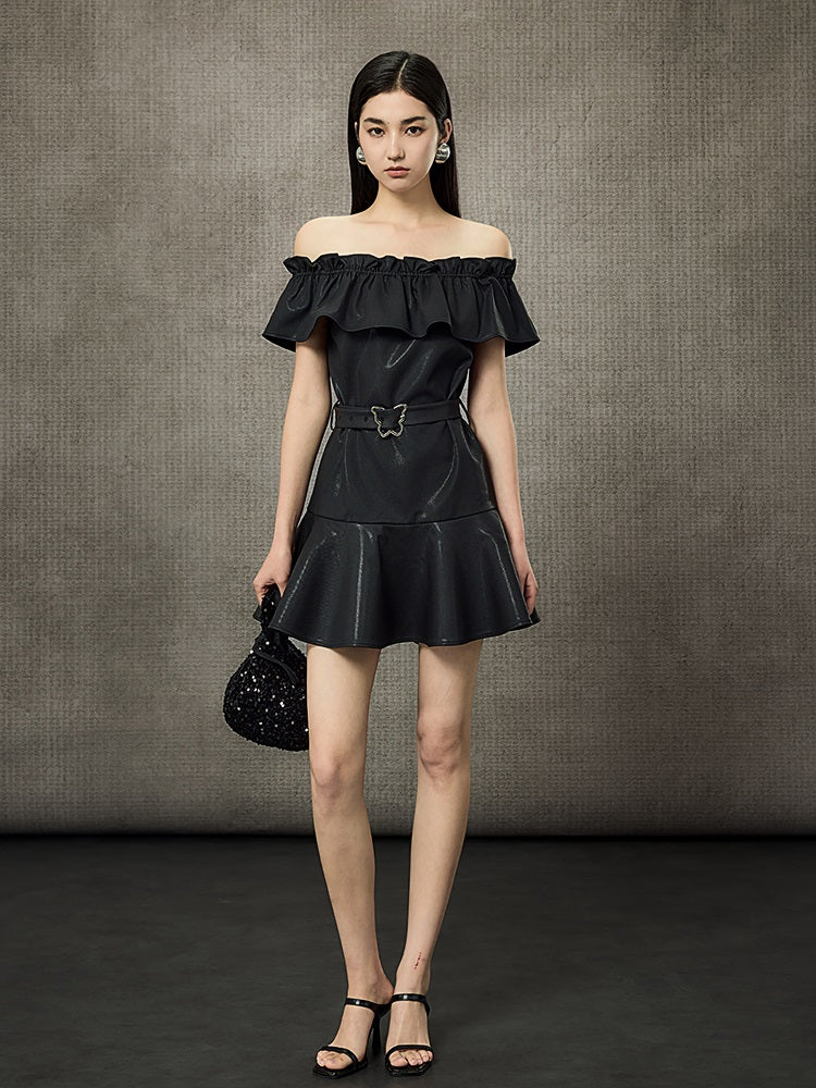 HECO Off Shoulder Ruffle Short Cinched Waist Dress  - SECRET.