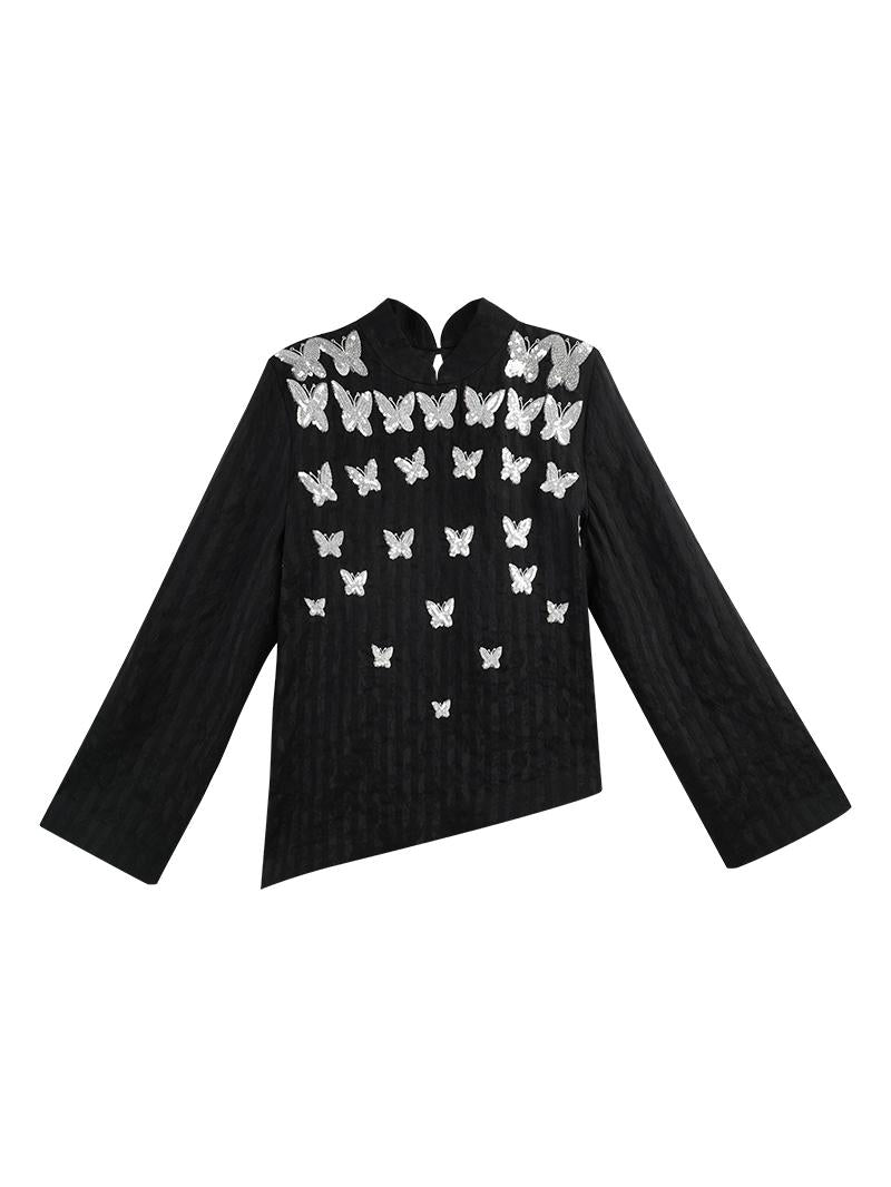 HECO Butterfly Beads Embroidered Stand-Up Collar black white T-Shirt - WORDS.