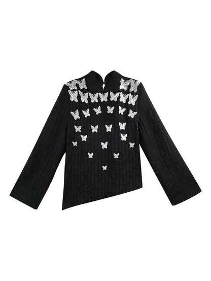 HECO Butterfly Beads Embroidered Stand-Up Collar black white T-Shirt - WORDS.