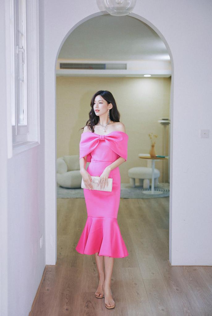 DOLLY Elegant Pink Big Bow Tube Top Off Shoulder Ruffled Fish Tail Dress-ZAYNAB