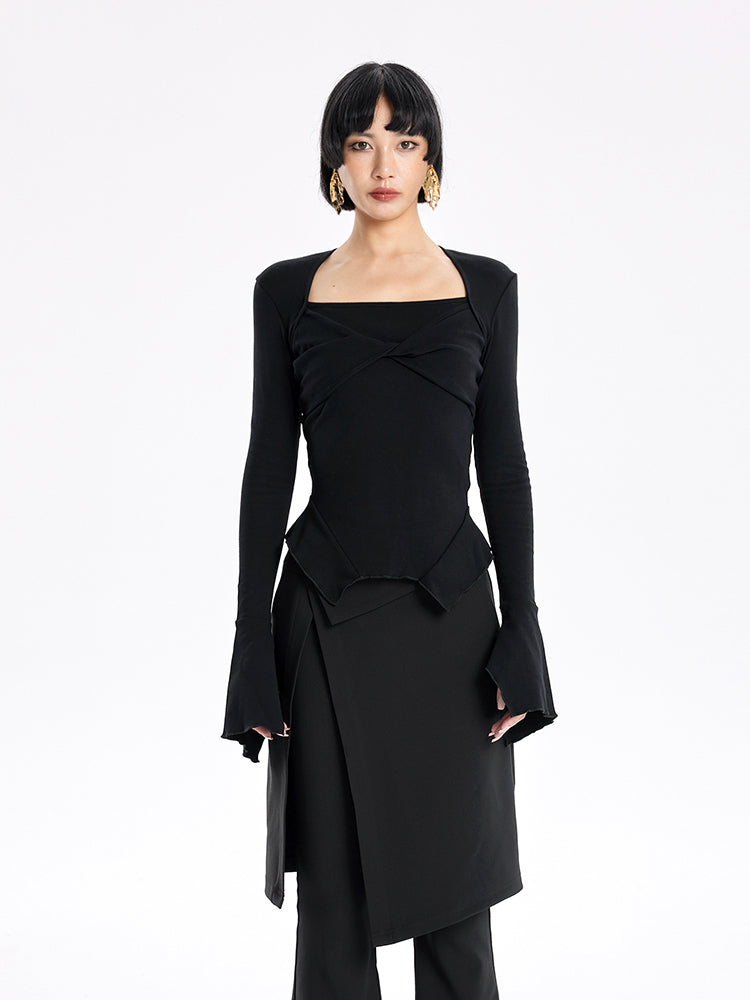 TINY IN bell sleeve square neck knitted top- guy