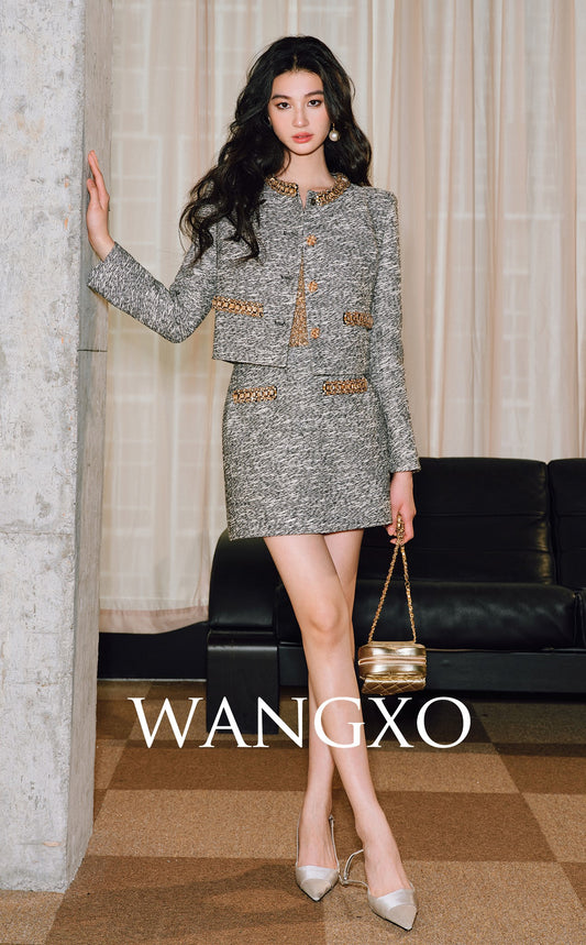 WANGXO | Spinning Tweed Color Dots Diamond Webbing Suit Set-ZAYA.