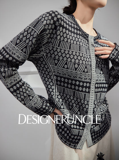 DGU| Black sweater geometric jacquard niche design jacket knitted top - JUGALAR.