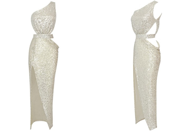 DOLLY Elegant Sliver One Shoulder Sleeveless Sparkling Slim Fit Sexy Dinner Dress-ALETA