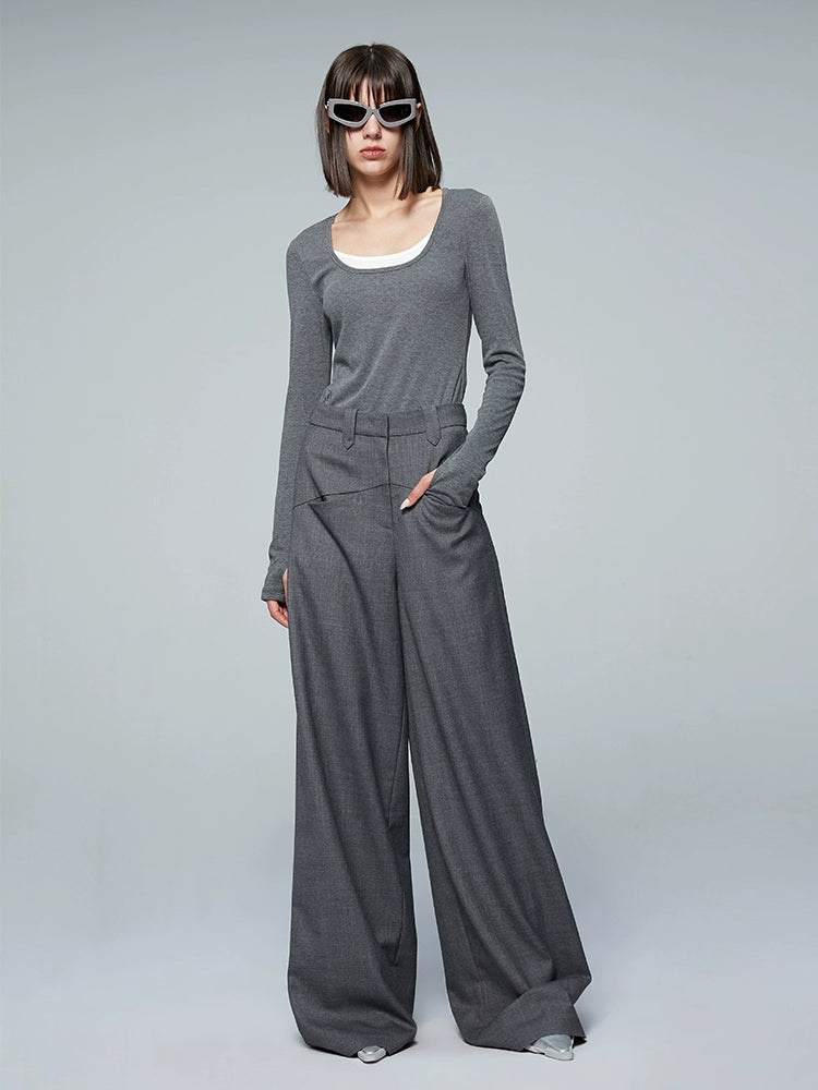 ANNAKIKI Gray Worsted Wool Wide-leg Pants Casual Pants-DEMI