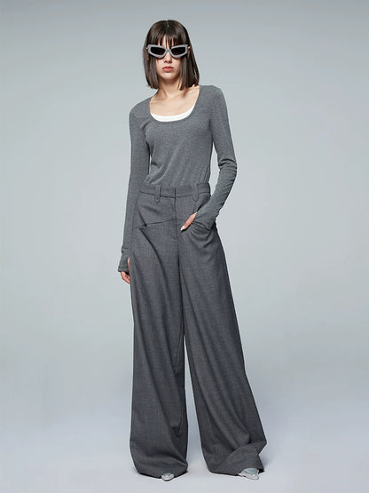 ANNAKIKI Gray Worsted Wool Wide-leg Pants Casual Pants-DEMI