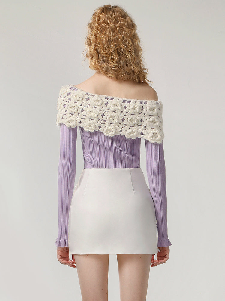 CHECOCRE Sophisticated Purple and white Women's Slim Slanted Shoulder Sweater- LUKE