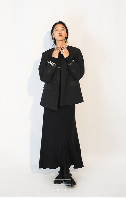 TUYUE Black Wool Silk Silhouette V-Neck Suit - XENA.