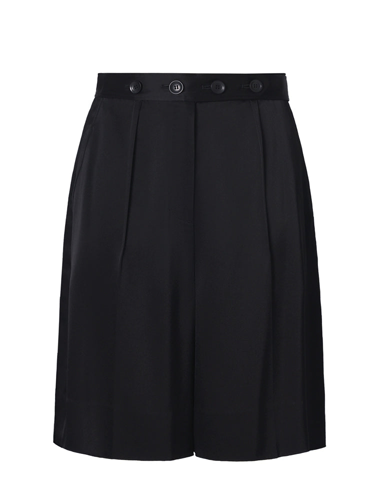 ZHUCHONGYUN Black Fashion Simple Pleated Design Loose Adjustable Short Pants-MITSUKI.