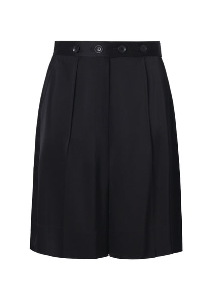 ZHUCHONGYUN Black Fashion Simple Pleated Design Loose Adjustable Short Pants-MITSUKI.