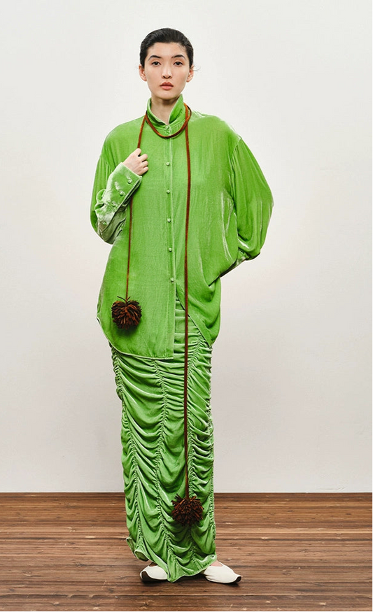 ZHUCHONGYUN mulberry silk suede green shirt-KILLUA.