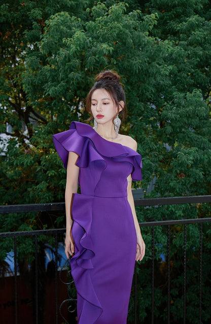 DOLLY Elegant Purple Ruffled Off Shoulder High Waist Midi Ruffle Dress-AKARI
