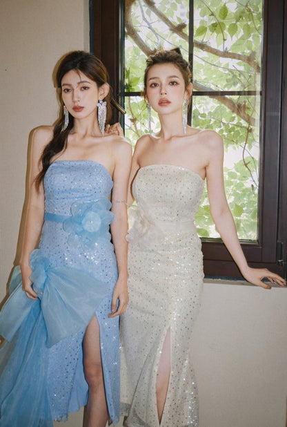 DOLLY Elegant Blue Flower Ribbon Tube Sequin Fish Tail Dinner Dress-LONE