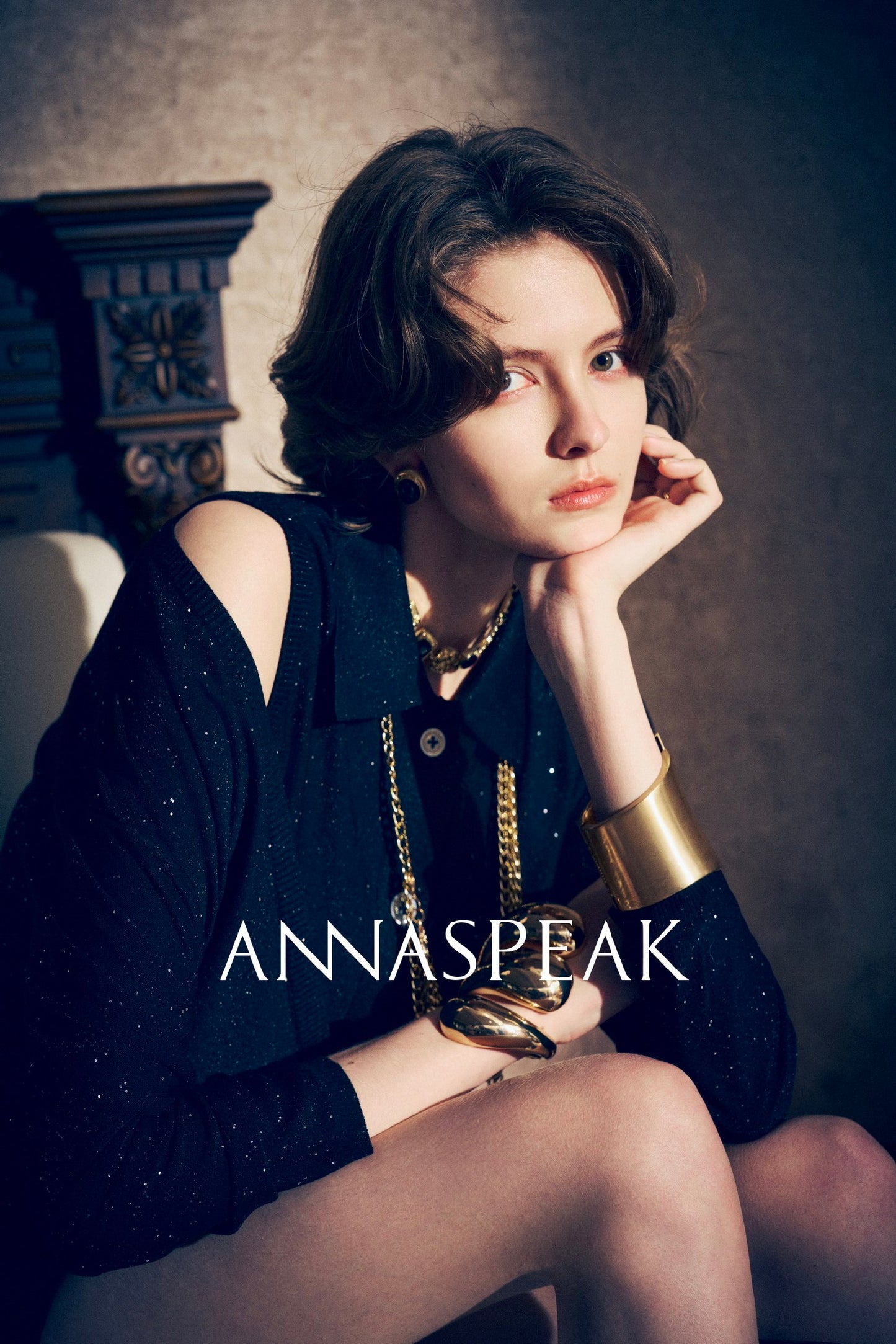 ANNASPEAK wool bead piece V-neck knit-SACE.