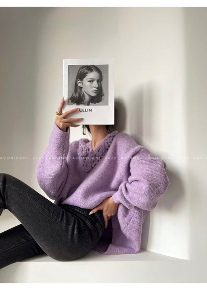 Aconiconi|Purple Flower Crochet openwork long cropped loose wool knit sweater  dress - Twilight