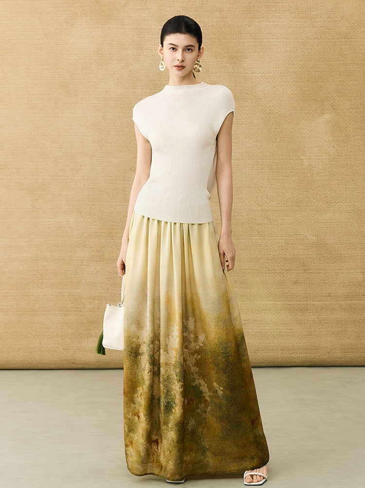 HECO Chinese Gradient Blended Lightweight Summer Print High-Waisted Skirt - AVEL.