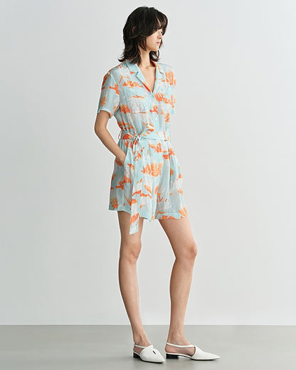 COMME MOI  summer beach print belt design jumpsuit - ISABEL.