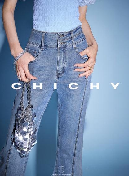 CHICHY French Ladies Blue High-Waisted Hot Diamond Slit Micro Flared Pants-MIJI
