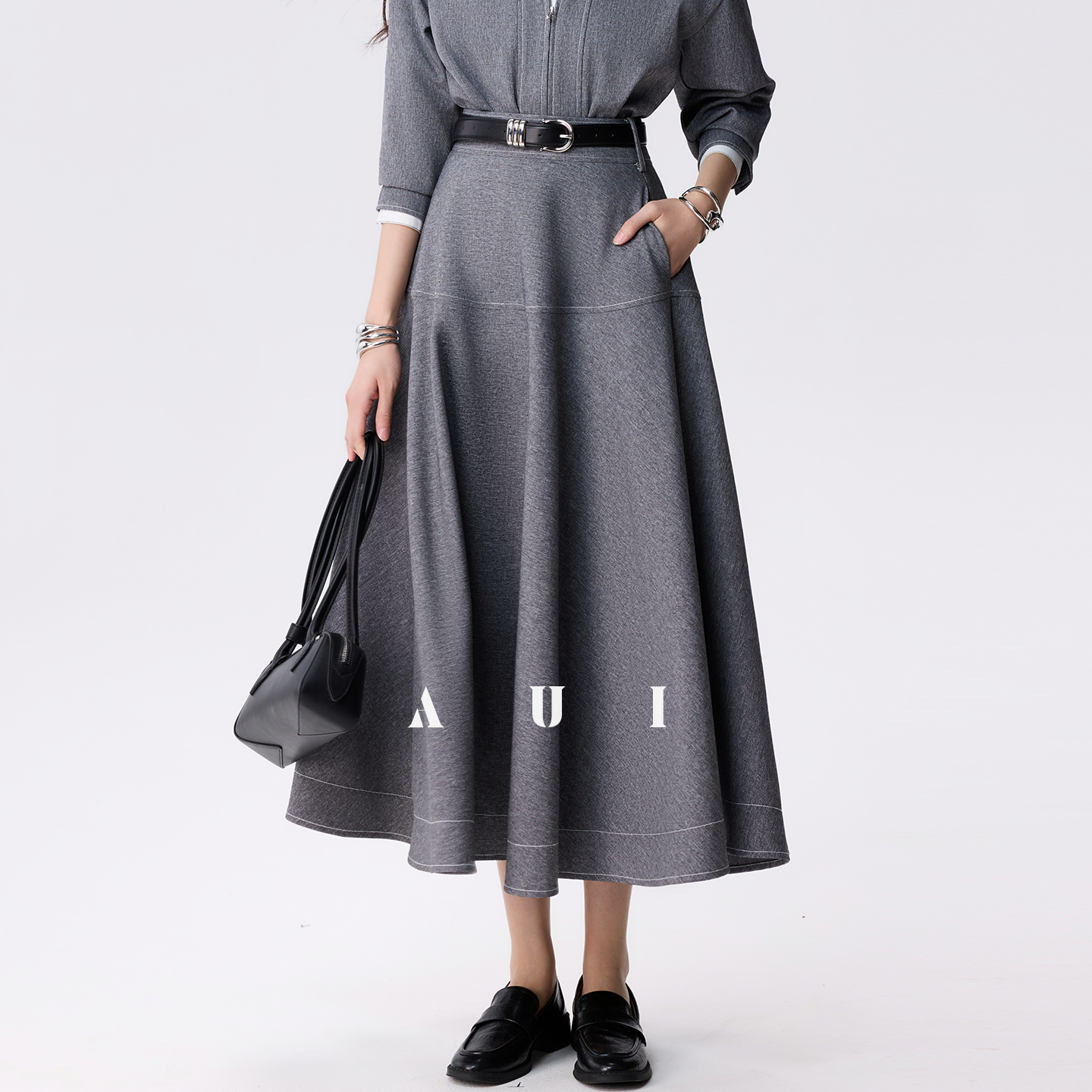 AUI Grey Double Ended Zipper Lapel Jacket Premium A-Line Two-Piece Suit Skirt - Yeong-Ja
