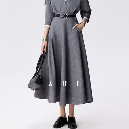 AUI Grey Double Ended Zipper Lapel Jacket Premium A-Line Two-Piece Suit Skirt - Yeong-Ja