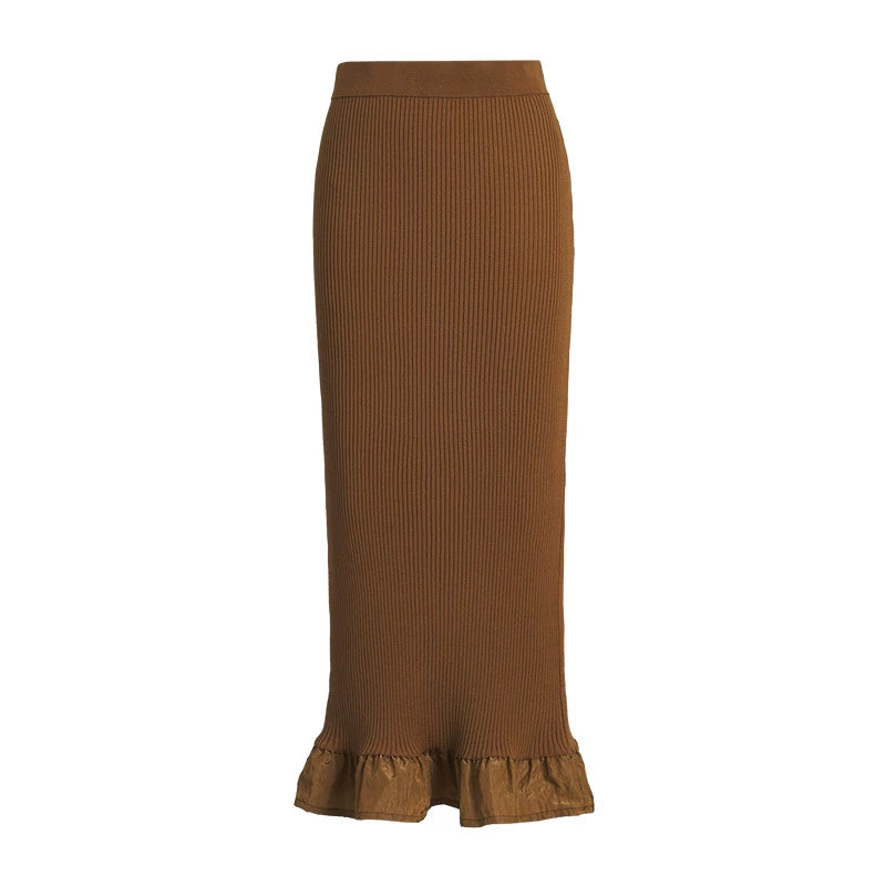 ZHUCHONGYUN silk slim ruffle knitted skirt and short sleeve top-HONG.