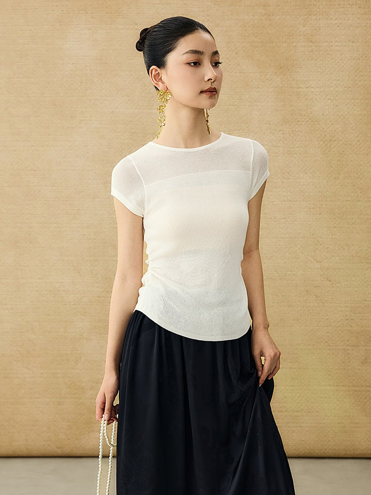 HECO Chinese style slightly transparent round neck knitted short sleeve T-shirt -BING.