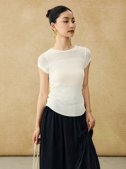 HECO Chinese style slightly transparent round neck knitted short sleeve T-shirt -BING.