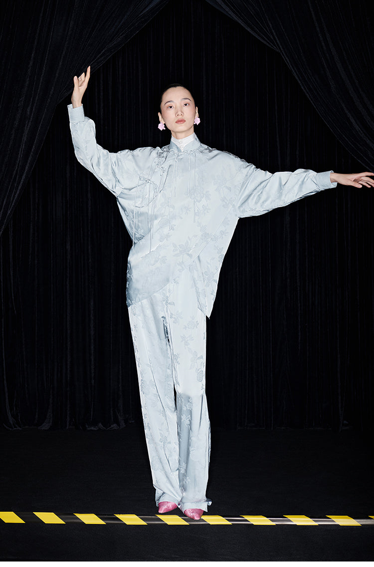 M essential Mackay designer pastel bue disc button placket shirt pant top set - sept.