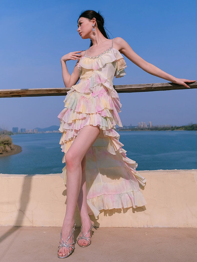 Wardrobes by Chen Elegant Sleeveless high low layered Long Multi Color Dress-Gainn