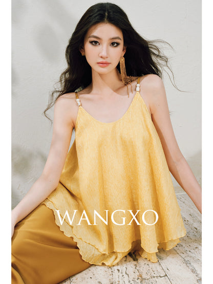 WANGXO | Silky Smooth Double-Sided Satin Top Glass Beaded Umbrella Hem Suspender Skirt Set -ELVA