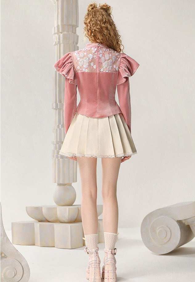 CHECOCRE Classy Winter Palace Style Retro Sequin Stitching Pink Peplum Top - SARAH.