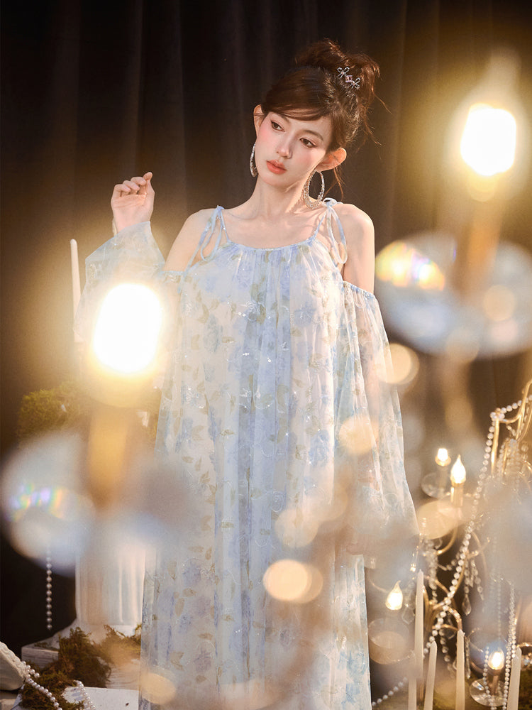 DOLLY Elegant Blue French Style Floral Off Shoulder Loose Glitter Resort Dress-TEE
