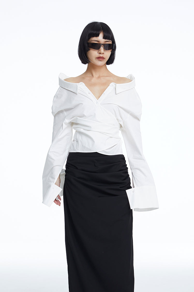 TINY IN white lace-up shirt one and two wear off-the-shoulder loose shirt -MEL