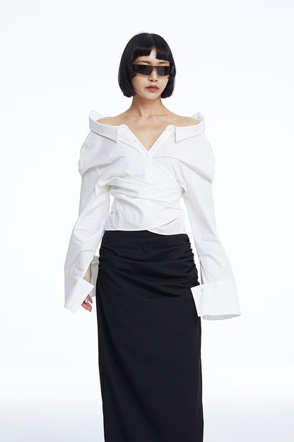 TINY IN white lace-up shirt one and two wear off-the-shoulder loose shirt -MEL