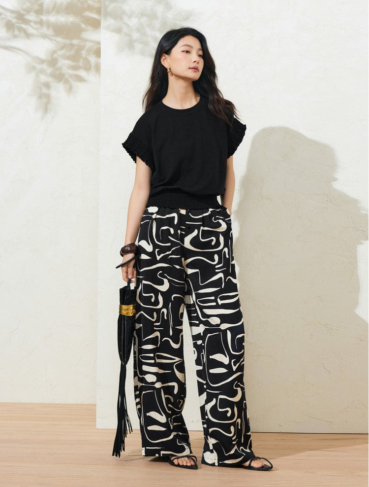 SUSHETencel Loose H-Shaped Wrap Waist Design Sense Short Sleeve T-Shirt Knit Top-RUTH
