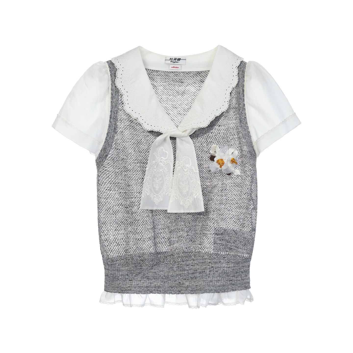 FAME Beaded Patchwork Lace Fake Two Knitted Short Sleeve Top - ETHAN
