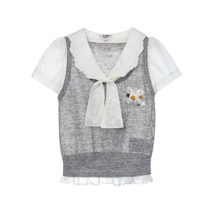 FAME Beaded Patchwork Lace Fake Two Knitted Short Sleeve Top - ETHAN