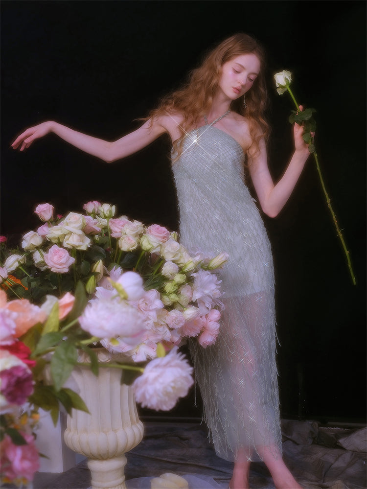 Wardrobes by Chen Elegant Green Halter Tassel cocktail party Dress-Zen