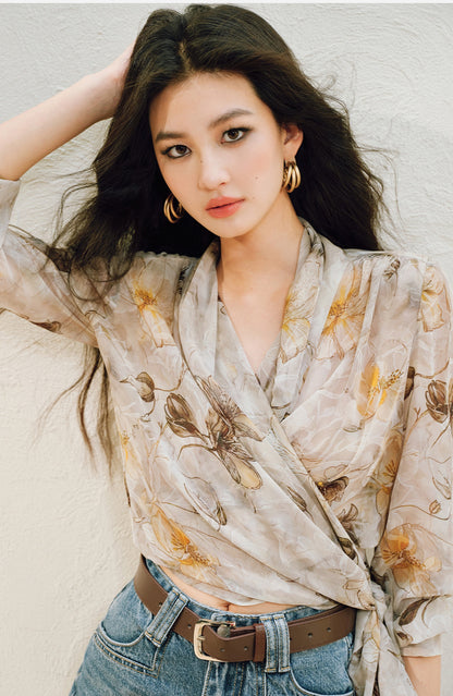 WANGXO | Silky Drape Smooth Georgette Vine-Inspired Geometric Print Entwined Twisted Shirt  -LYRA