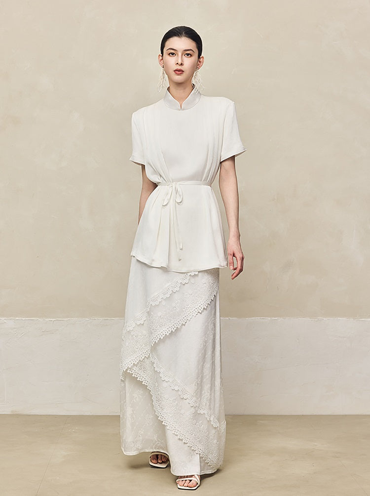 HECO acetate press-pleated cinched waist black white texture t-Shirt - NONE.