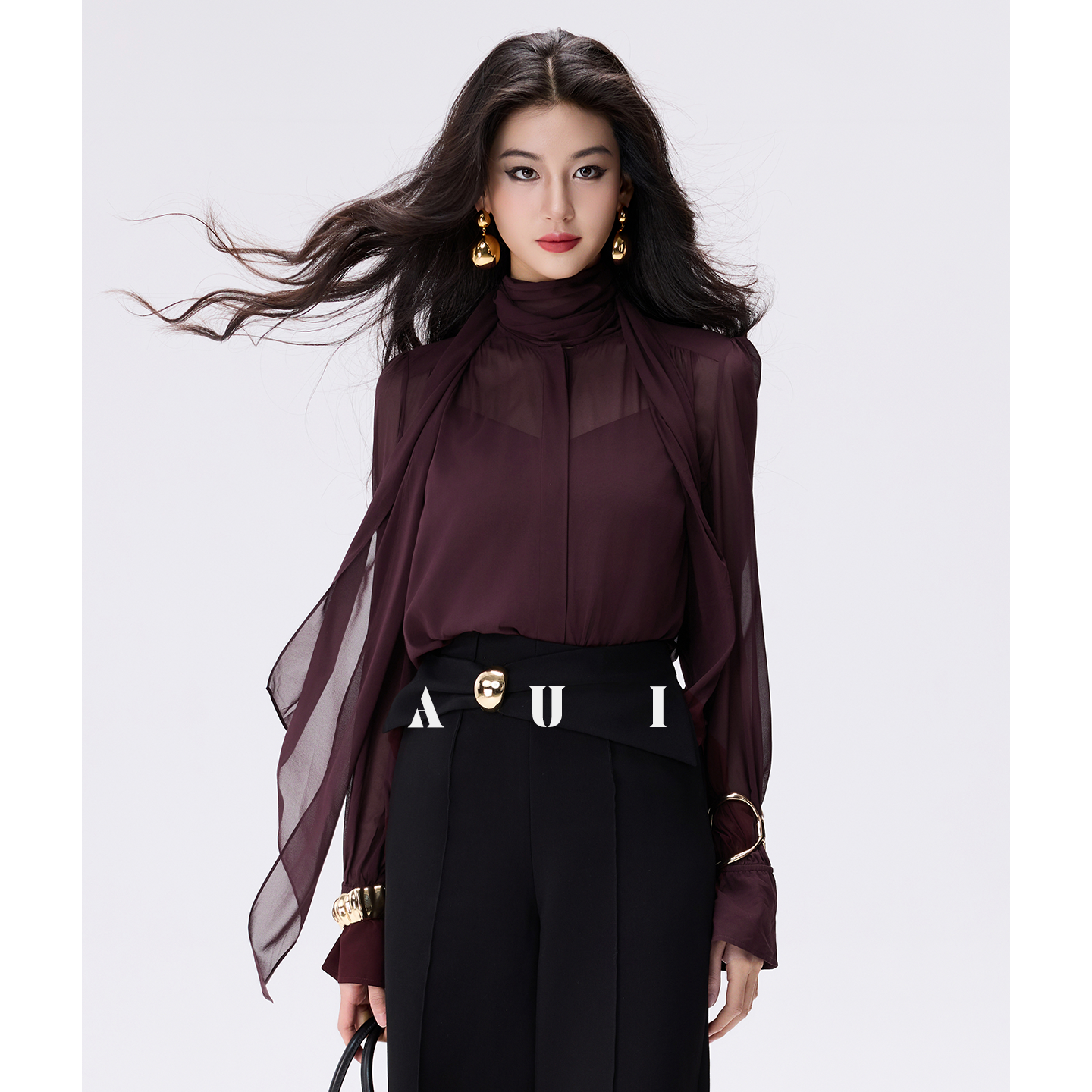 AUI burgundy streamer collar chiffon long-sleeved top -  Nabi