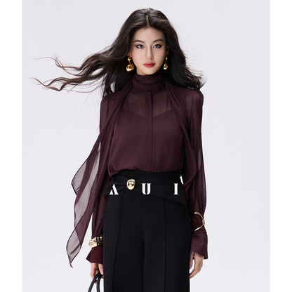 AUI burgundy streamer collar chiffon long-sleeved top -  Nabi