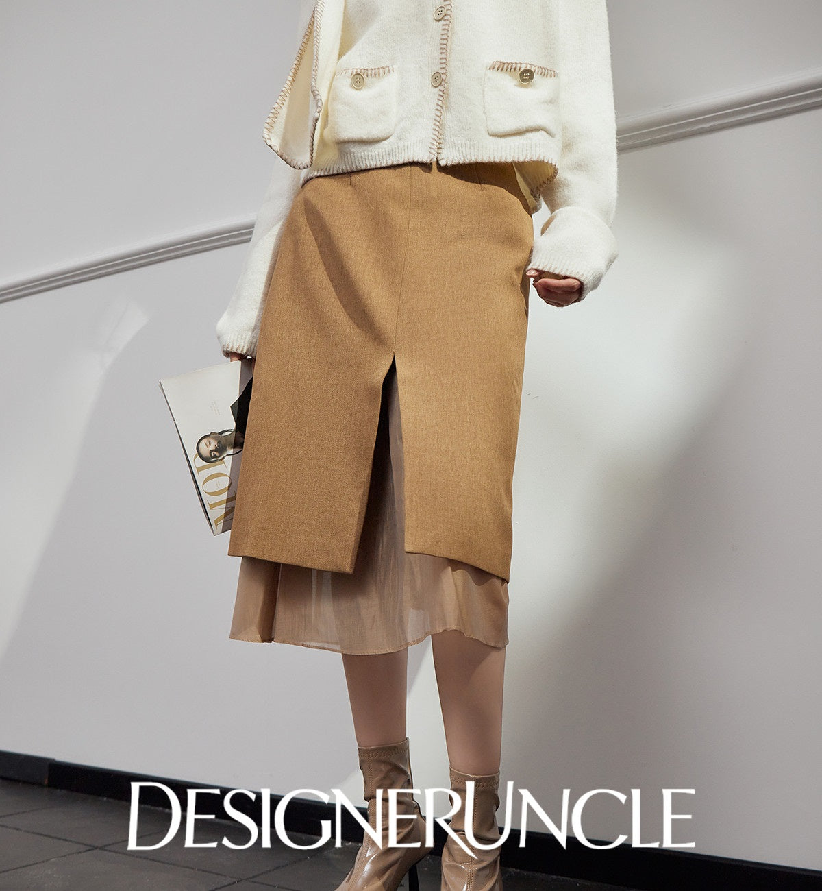 DGU "Lumu" coffee slit design high-end commuter long skirt - Ryan.