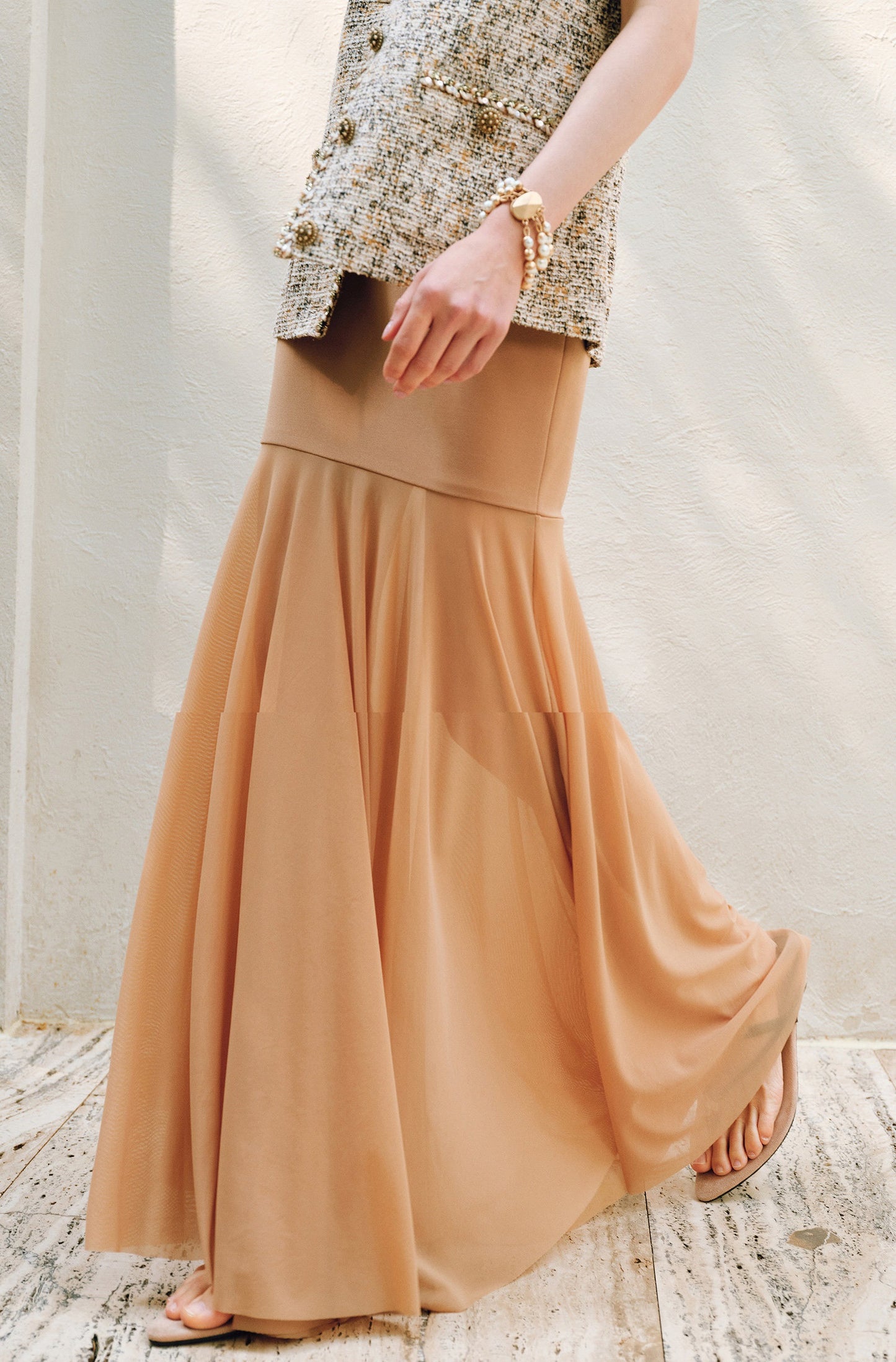 WANGXO | Twill Roman Knit with Lightweight Sheer Paneling  A-Line Hem Flowing Skirt  -RAYA