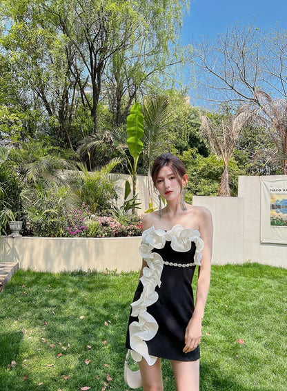DOLLY Elegant Black Off Shoulder White Ruffle Tube Top Short Date Dress-JAJA
