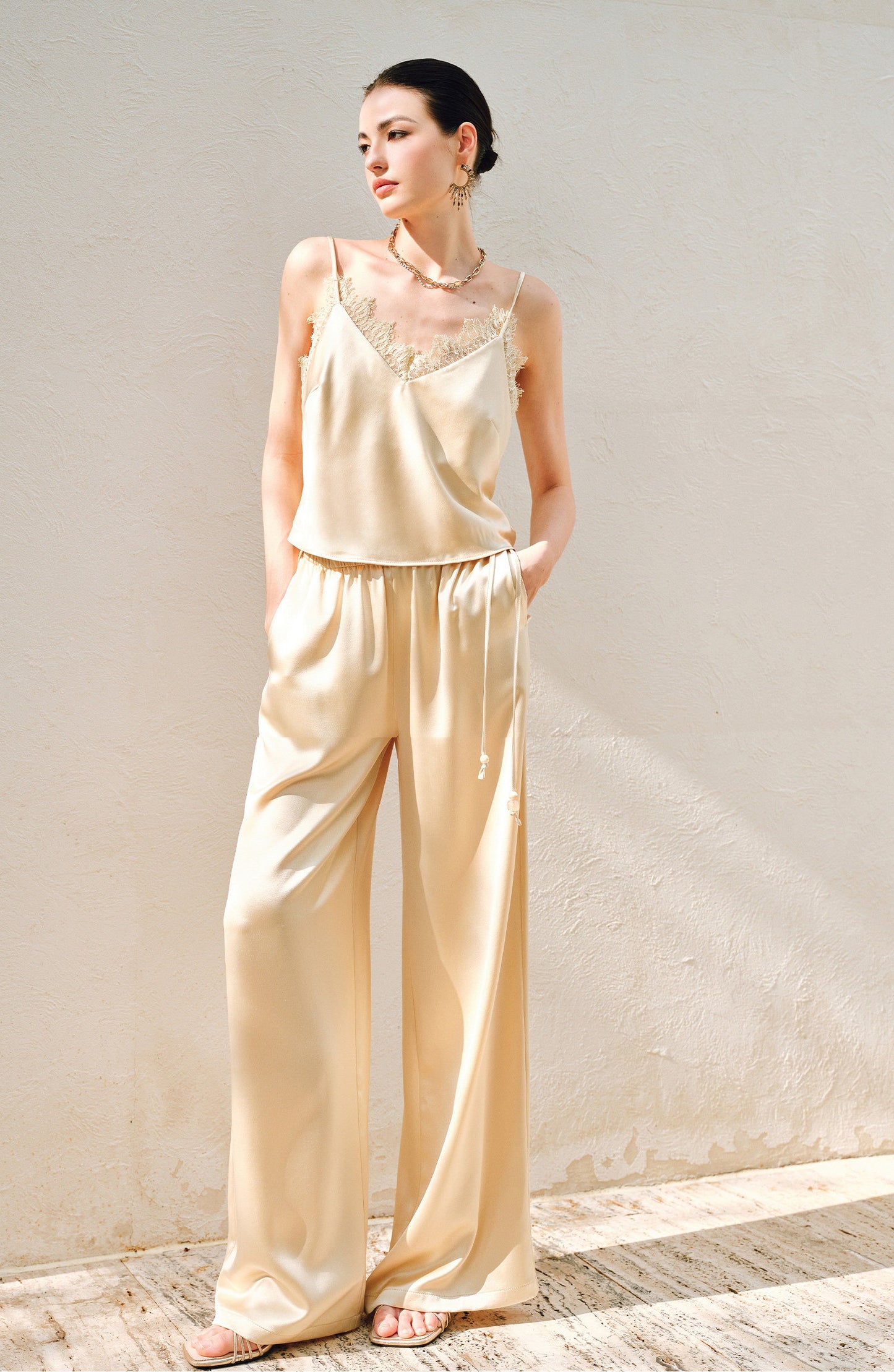 WANGXO | Hemp-Textured Acetate Satin  ight Luxury Lace Suspender, Shirt & Trousers Three-Piece Set- SARI