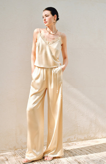 WANGXO | Hemp-Textured Acetate Satin  ight Luxury Lace Suspender, Shirt & Trousers Three-Piece Set- SARI