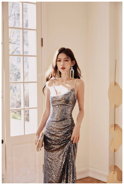 DOLLY High End V-Neck Sleeveless Long Slit Sequin Body Hug Evening Dress-KIM