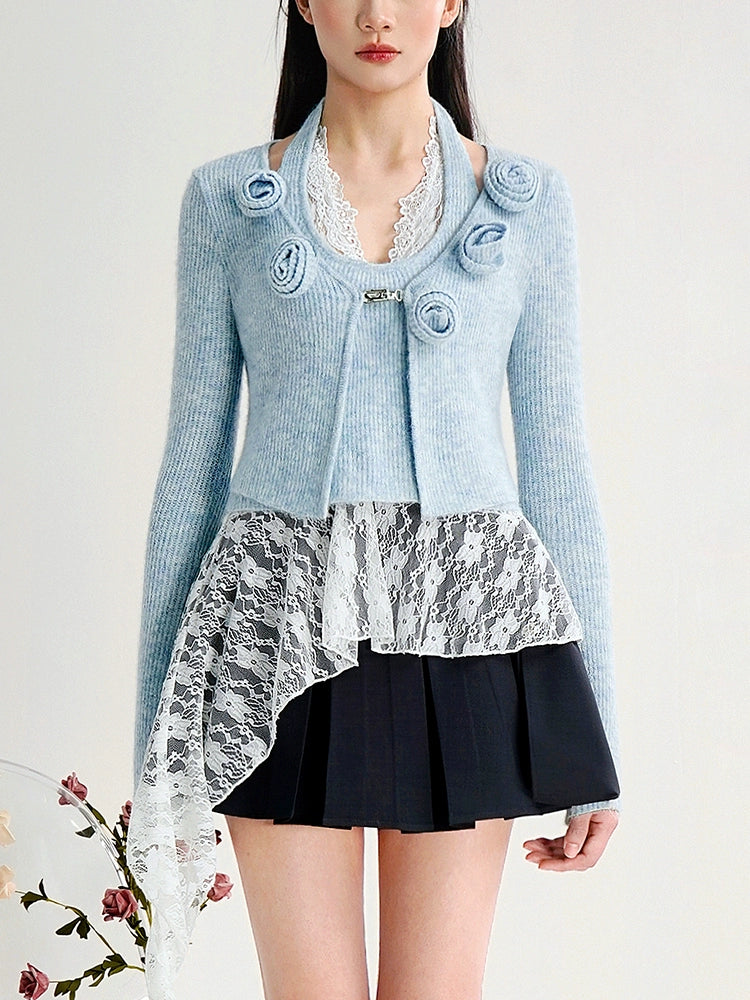 CHECOCRE Cute Three-dimensional Flower Blue Cardigan - ERICA