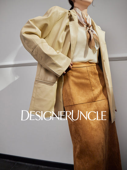 DGU|Beige jacket design sense niche temperament simple loose lapel cropped top - Stephania.